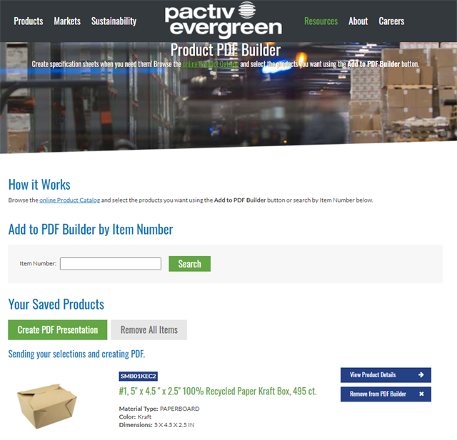 Example screen shot of Pactiv's online PDF builder