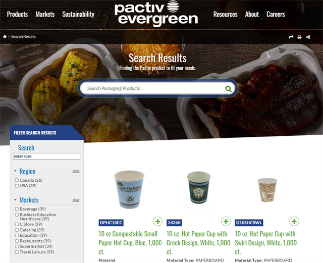 Example of Pactiv's website showing how their site search functions