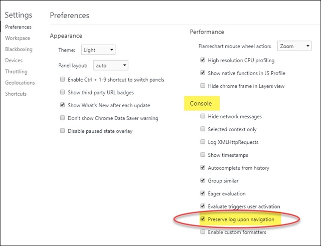 Preserve Log Upon Navigation box selection