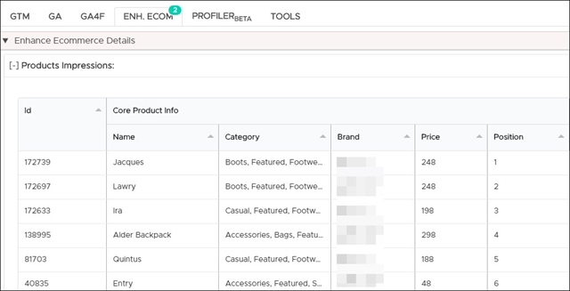 Example of the GTM and GA debug tool