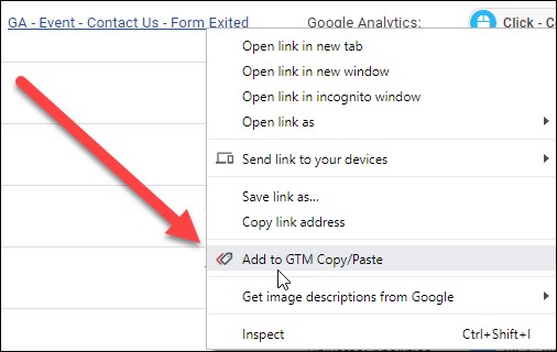 Example of where to click the Add to GTM copy paste tool