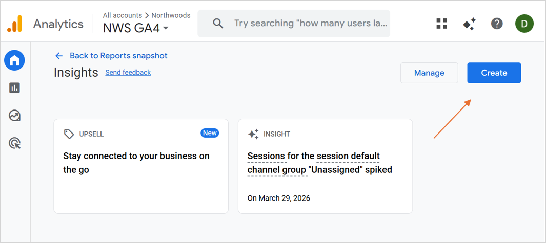 The View all insights option in GA4