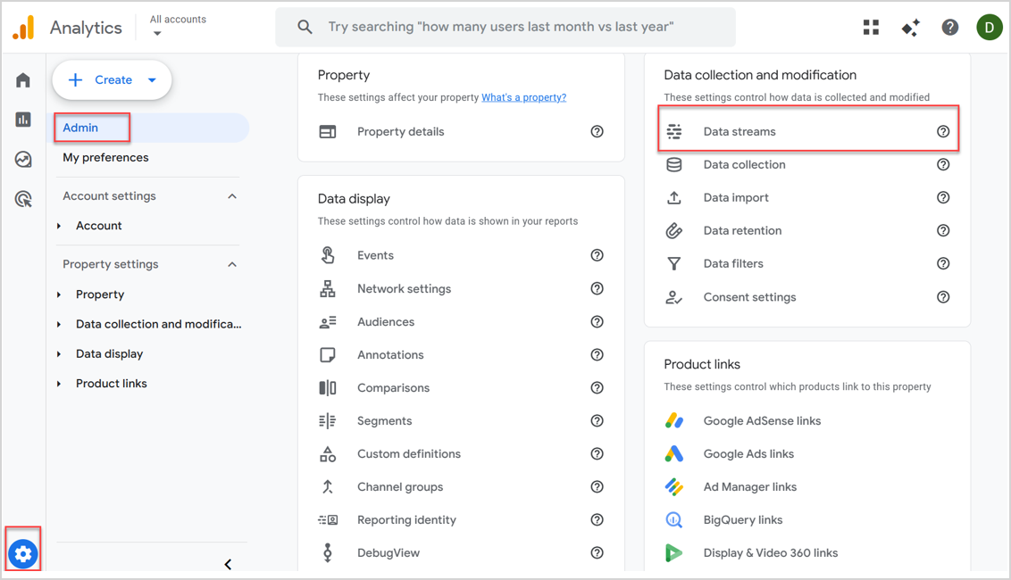Where to click on Data Streams in the GA4 interface
