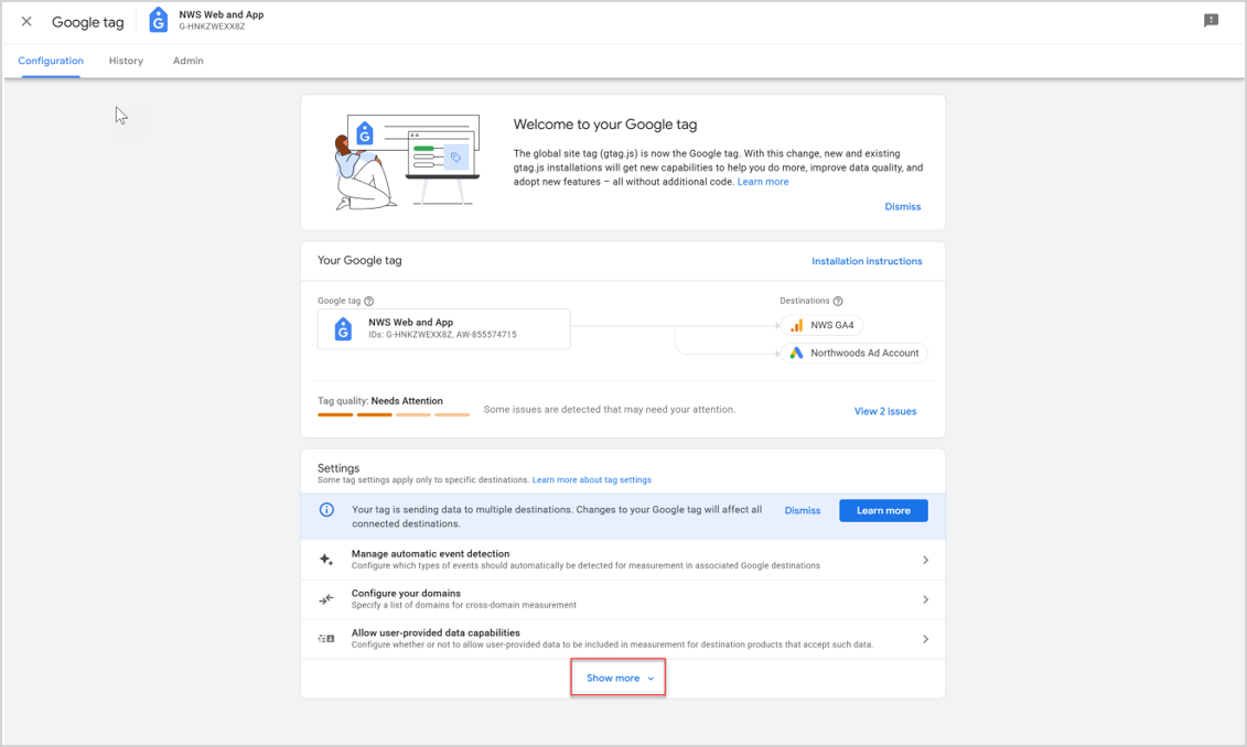 Google tag Settings page in GA4.