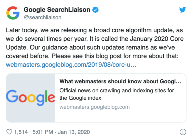 Tweet from Google Liasion announcing the newest core update