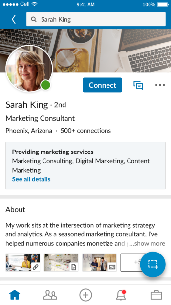 Example of Sarah King's LinkedIn profile highlighting her professional services