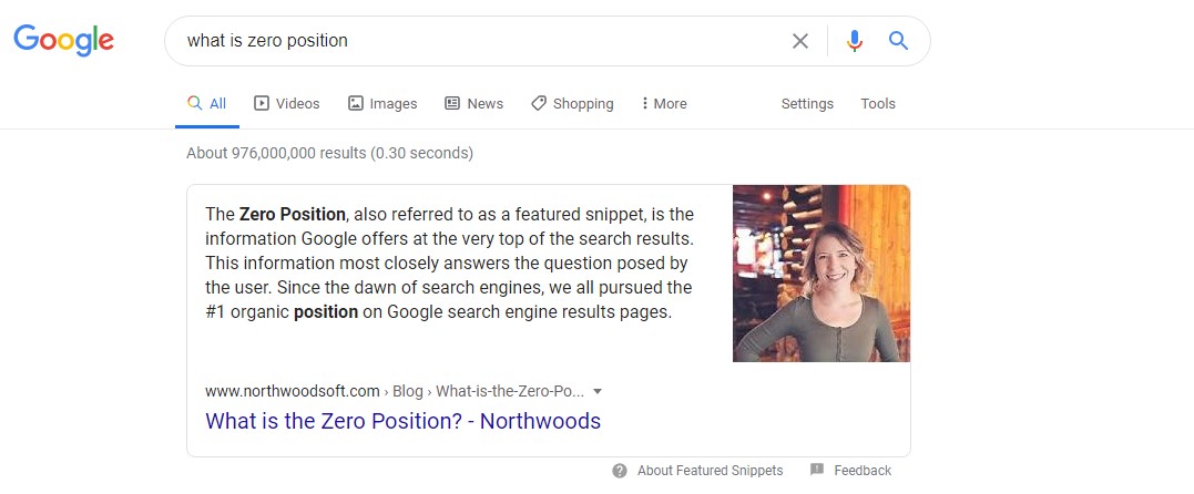 The Zero Position example of a Featured Snippet in search results.