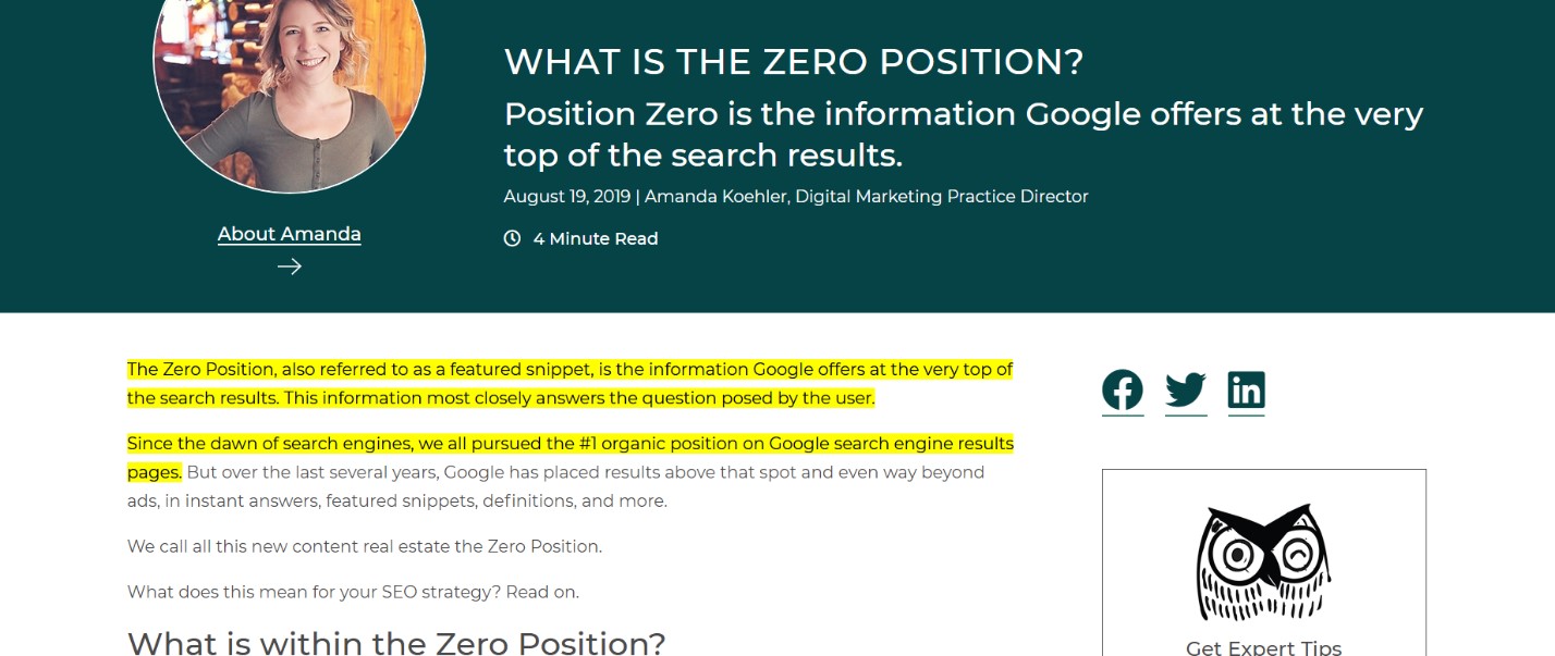 highlighted text feature looks for our Zero Position featured snippet