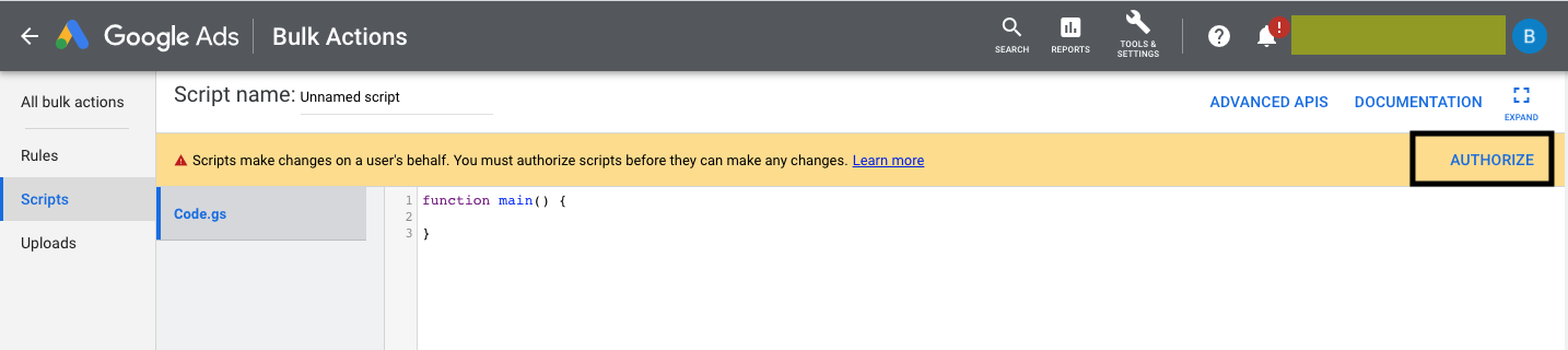 Google Ads Scripts screen grab