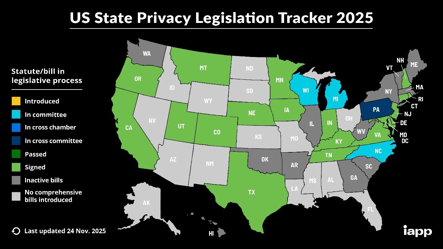 A map of US state privacy legislation from November 2025