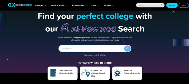 The home page of an AI-powered college research tool called CollegeXpress.