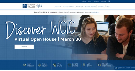 An image of the WCTC home page after Northwoods' UX strategy and website redesign