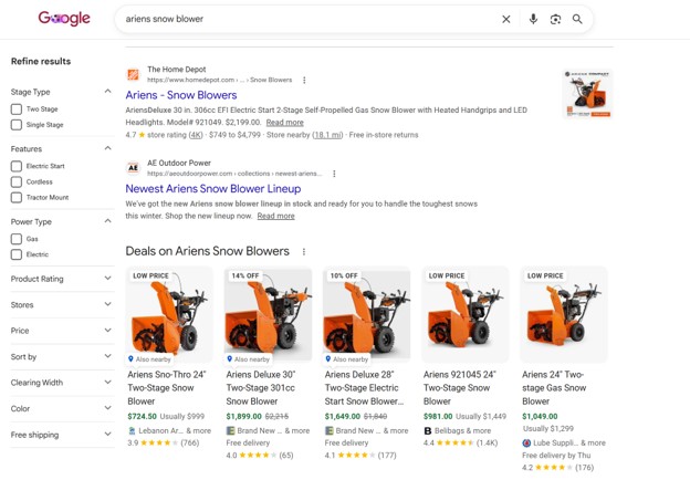 Search engine results for "Ariens snow blower" with and without rich snippets.