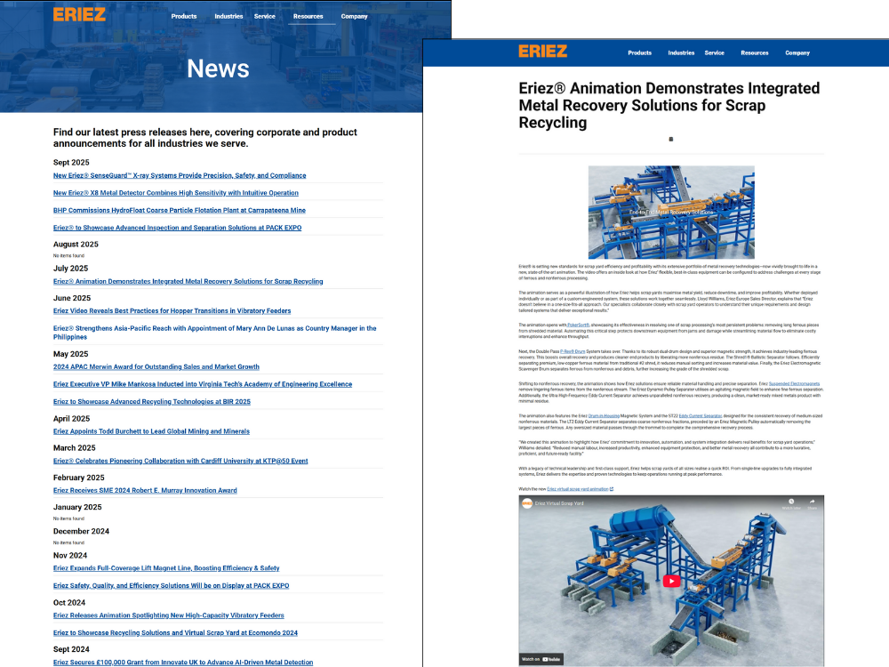Eriez uses Titan CMS' Blog Add-In to easily display a list of news content and individual article details