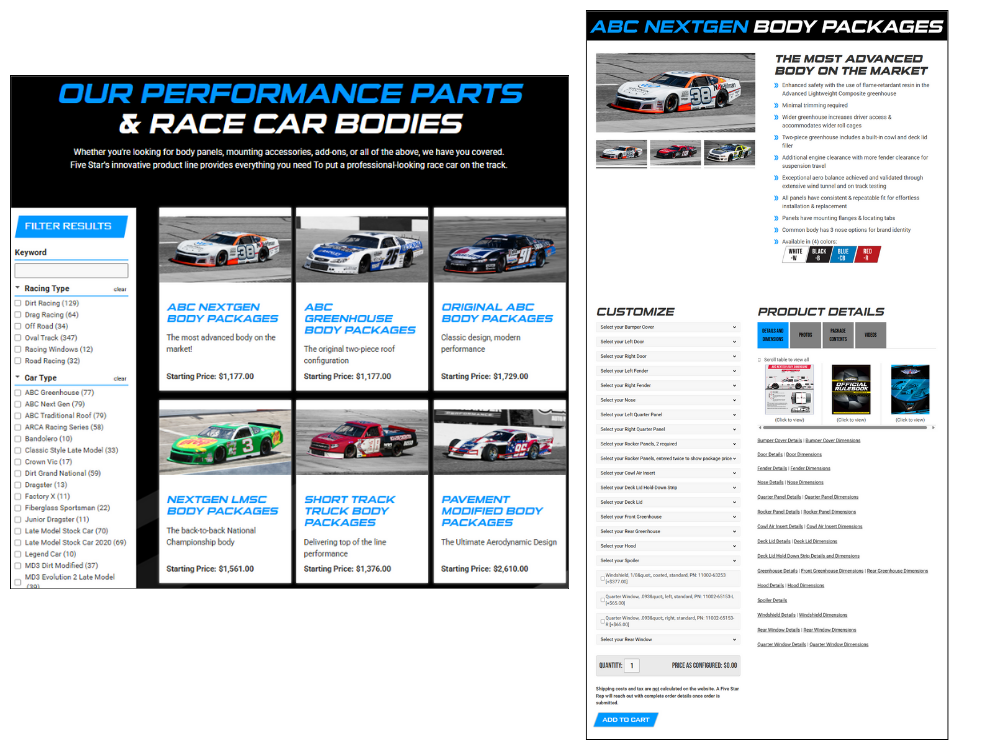 An example of a landing page and detail page from Five Star Race Car Bodies website, which is built on Titan CMS and leverages Titan CMS' product catalog capabilities