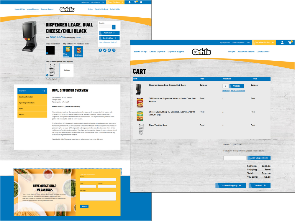 An example of a product detail page with cart capabilities, as well as a view of the Gehls checkout page