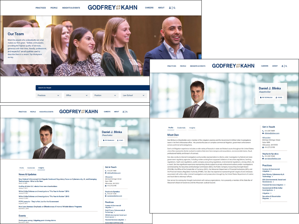 An example of Godfrey & Kahn's Titan CMS People Add-In implementation, which makes finding a lawyer on the website simple