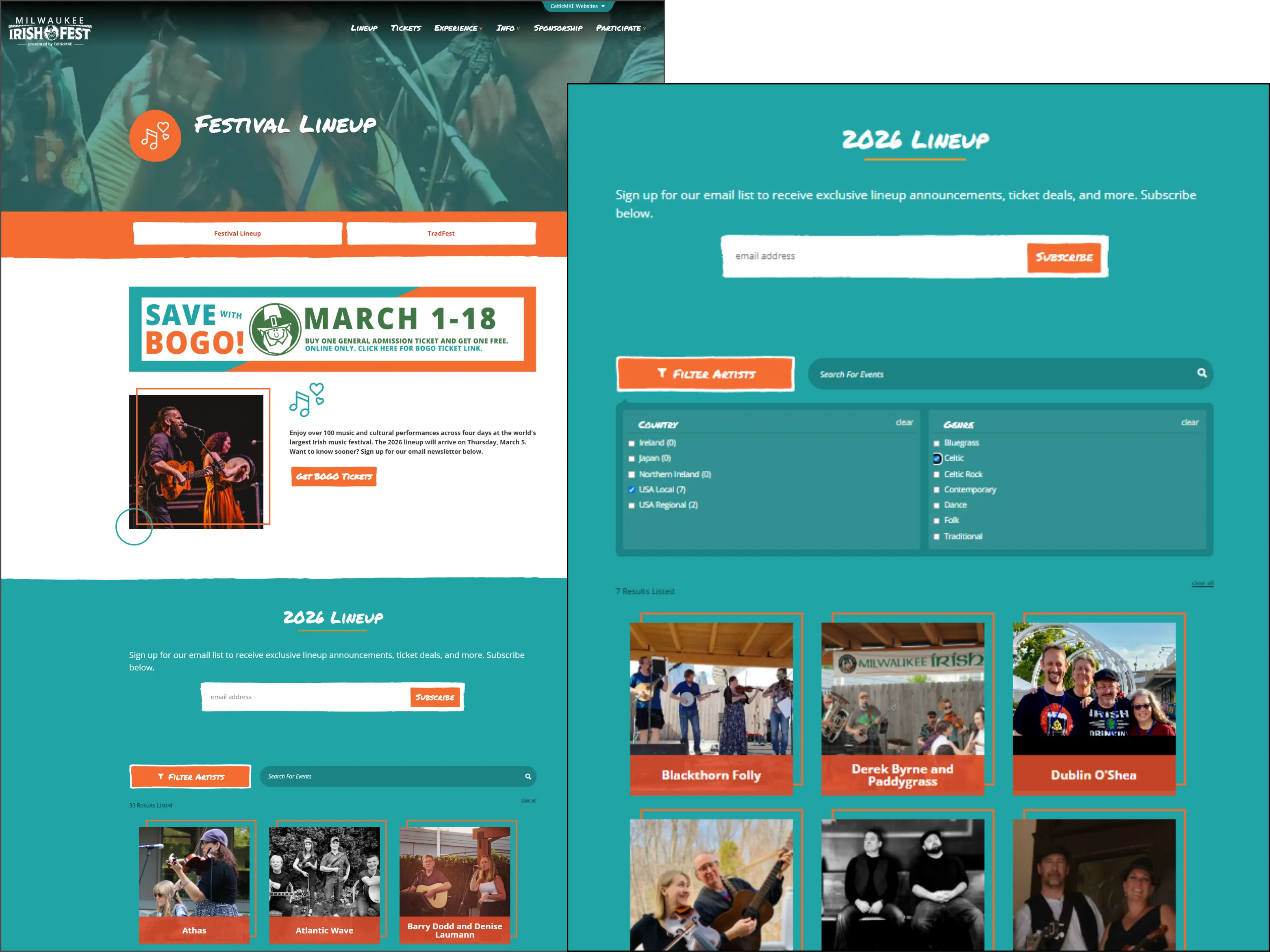 Milwaukee Irish Fest lineup page, highlighting third-party integration and search and filtering capabilities.