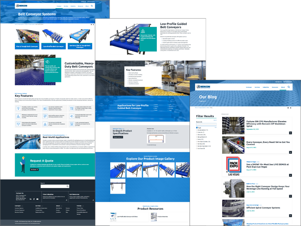 Nercon website's product page, product detail page, and blog with filtering.