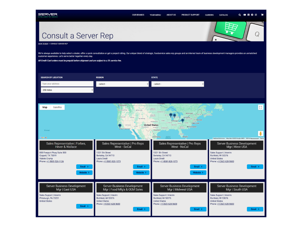 Server Products' Location Finder page