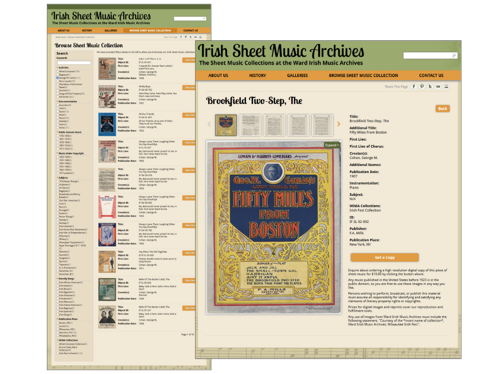 Ward Irish Music Archives' sheet music search and filtering page and sheet music detail page.