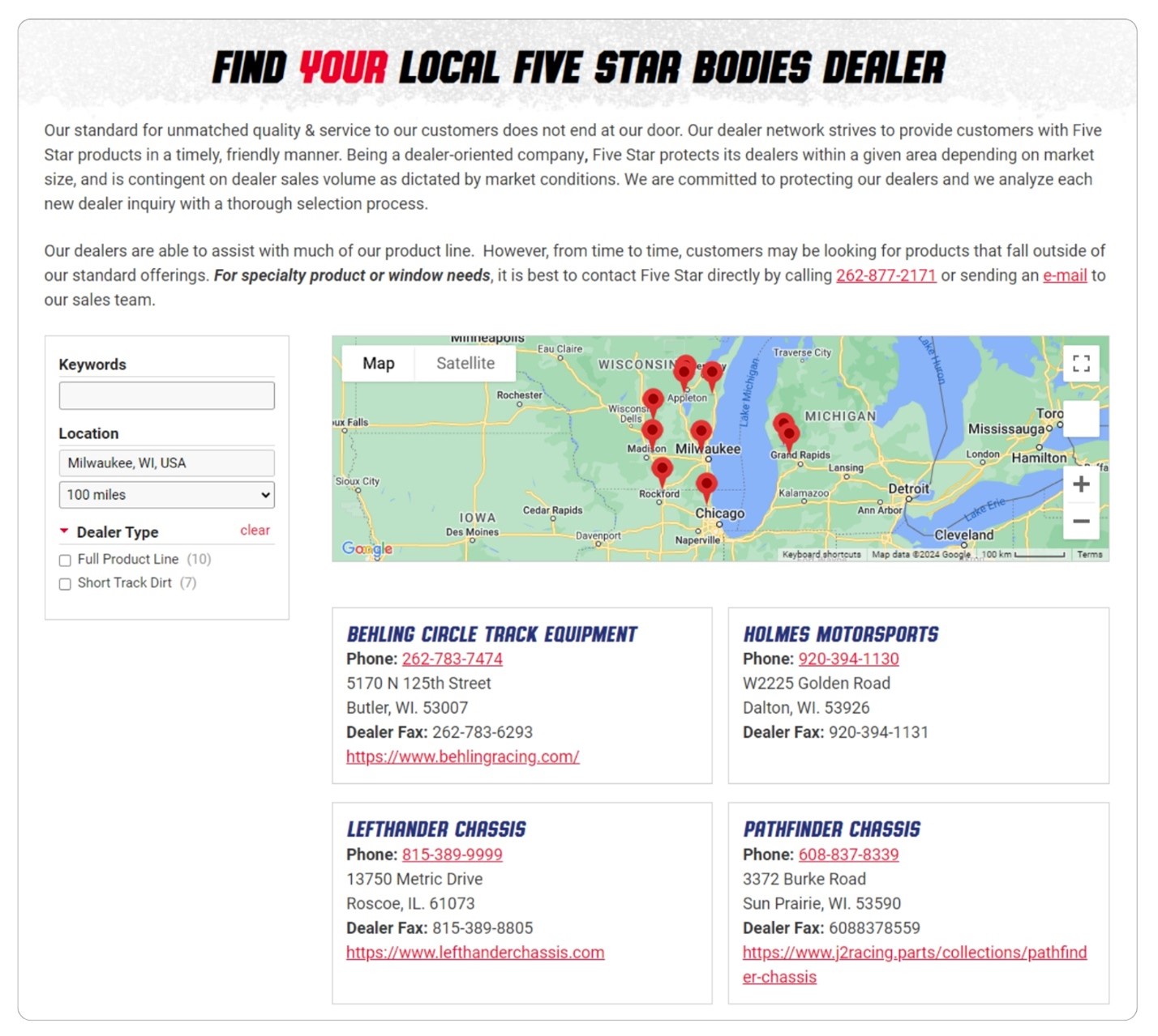 An image of Five Star Bodies' dealer locator page