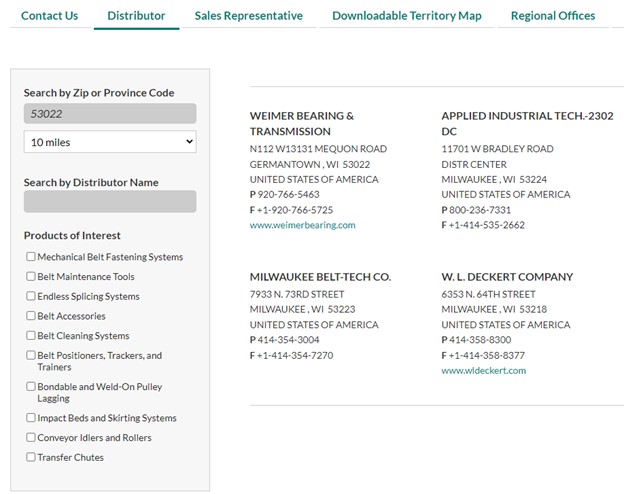 An example of Flexco's distributor locator page with results filtered by zip code