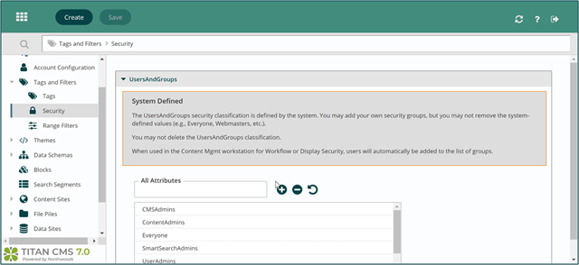 Screen shot of Titan CMS administration that shows how the security groups assignment functions