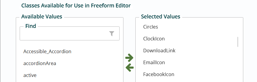 Classes available for text in freeform blocks