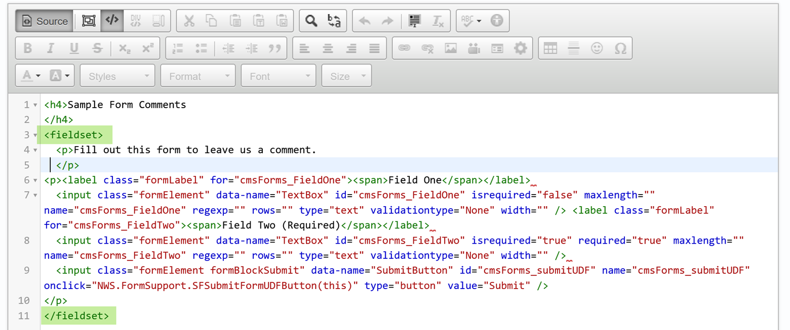 Highlighted fieldset in the source code