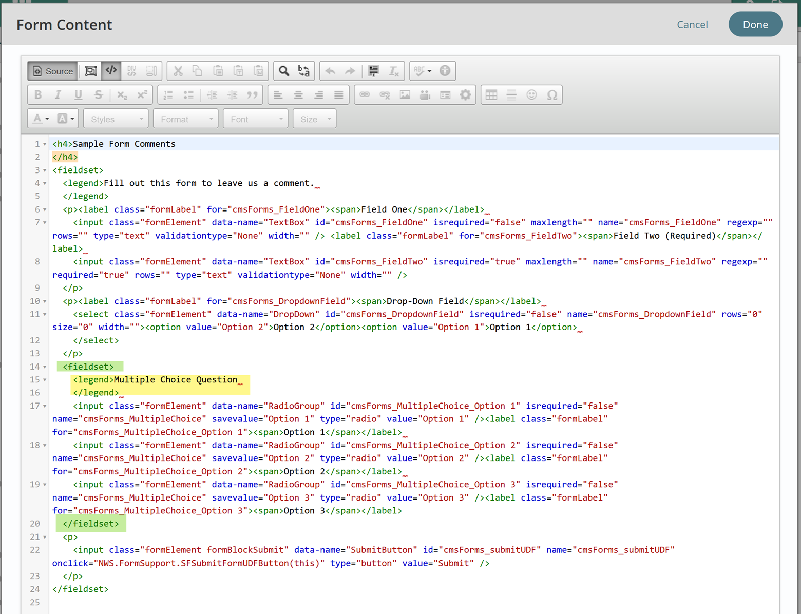 Source code with fieldset around Multiple Choice fields highlighted