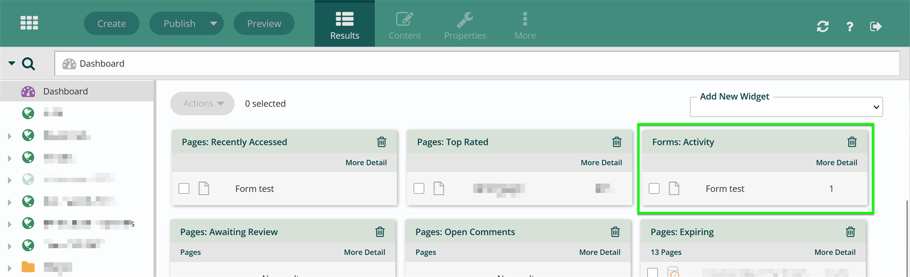 Forms widget on the dashboard