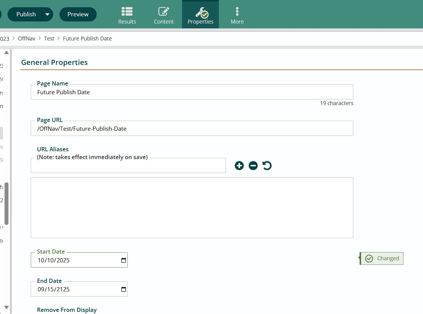 Properties tab of the demo page