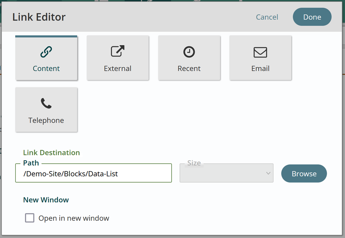 Options for types of linked page