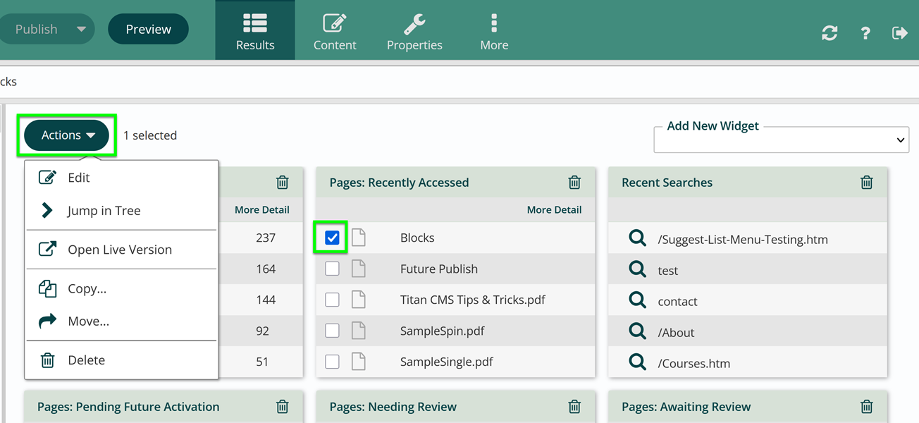 The Actions menu on the dashboard