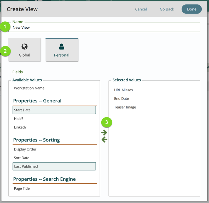 Create A View setup menu