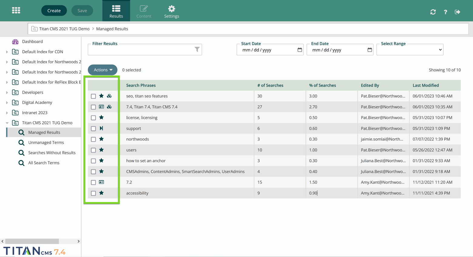 Smart search dashboard with marnaged results icons highlighted