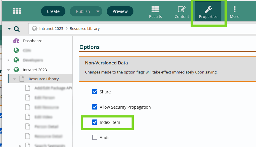 Property options, with Index Item selected