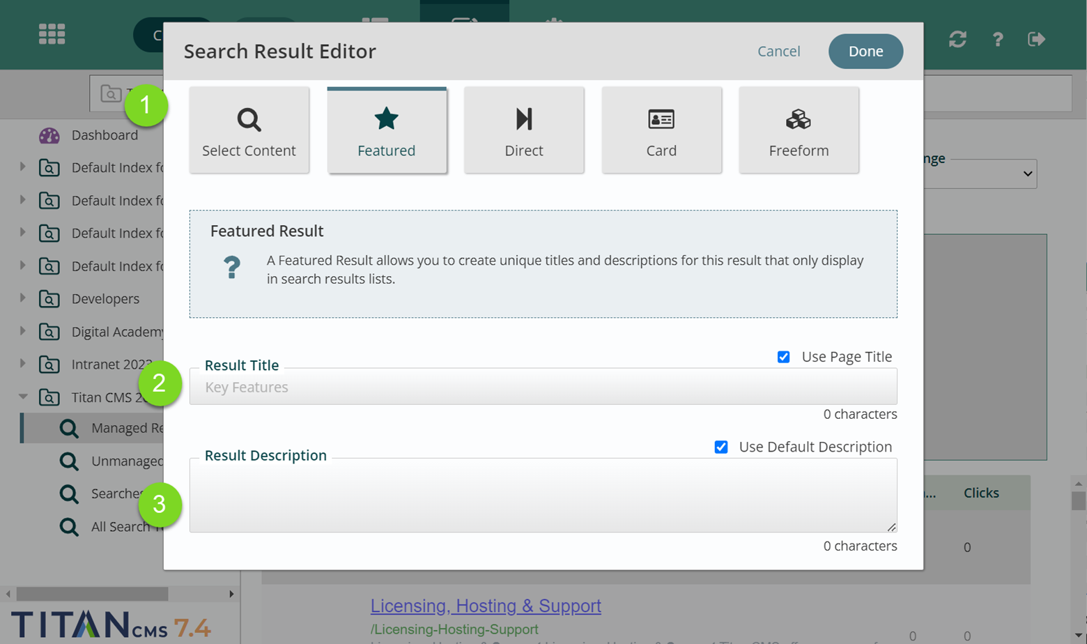 view of the search results editor