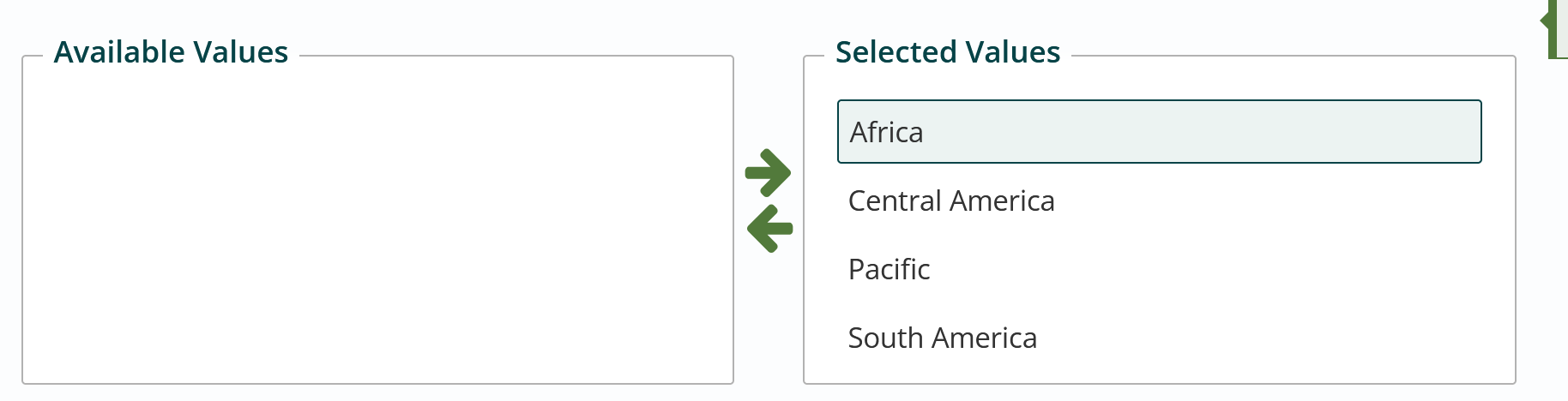 A list of selected values