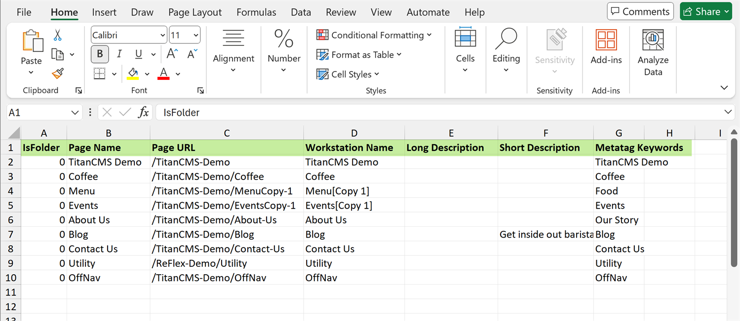 Excel sheet of changes