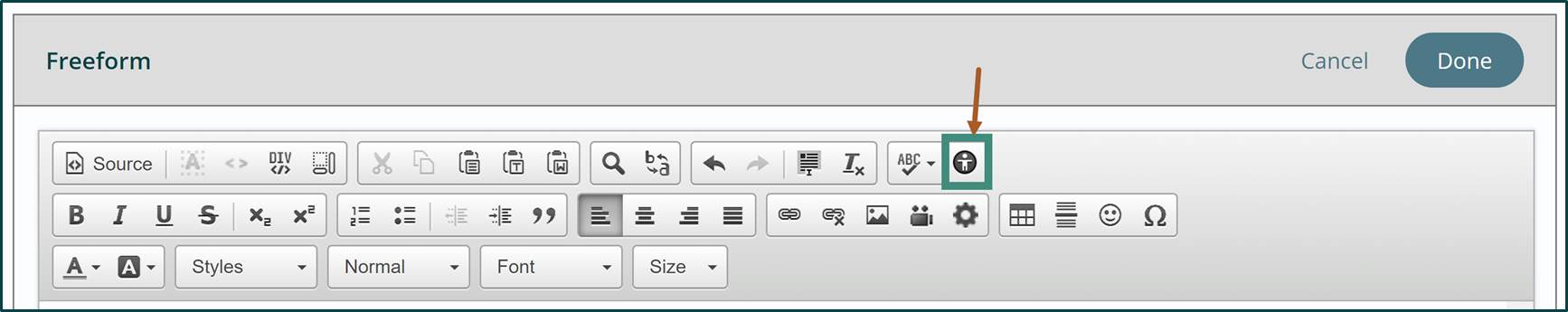 screenshot of freeform block editor with accessibility checker icon highlighted