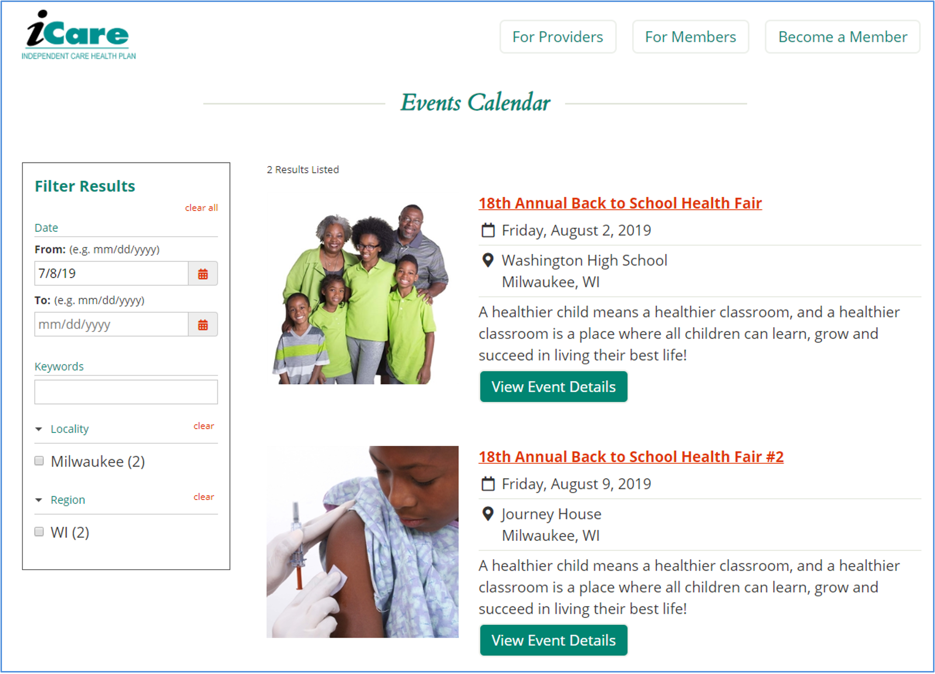 event listing page icare